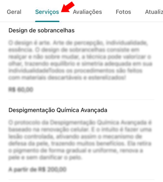 Aba Serviços nos resultados do Google no celular