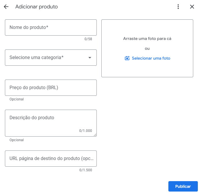 Painel para configurar produtos no Perfil da Empresa