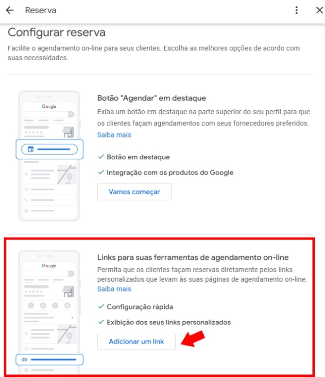 Tela de agendamentos com a opção Adicionar um link